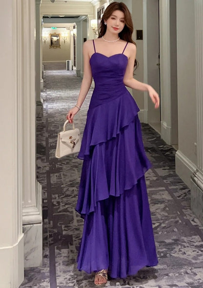 Chic Purple Prom Dress Spaghetti Straps Chiffon Sheath Long Evening Dress DP05284