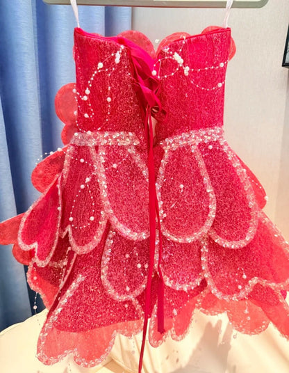 Fashion Hot Pink Short Birthday Dress Strapless Prom Dress A-Line Tulle Party Dress DP05312