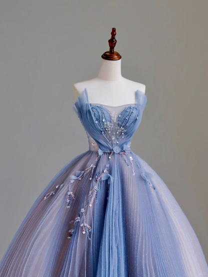 Elegant Glamour Ball Gown Strapless Blue Tulle Long Prom Dresses Party Dress Evening Dress DP1576