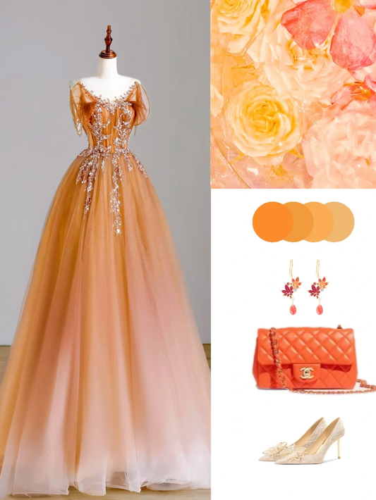 Elegant Glamour Ball Gown Strapless Orange Tulle Long Prom Dresses Party Dress Evening Dress DP1531