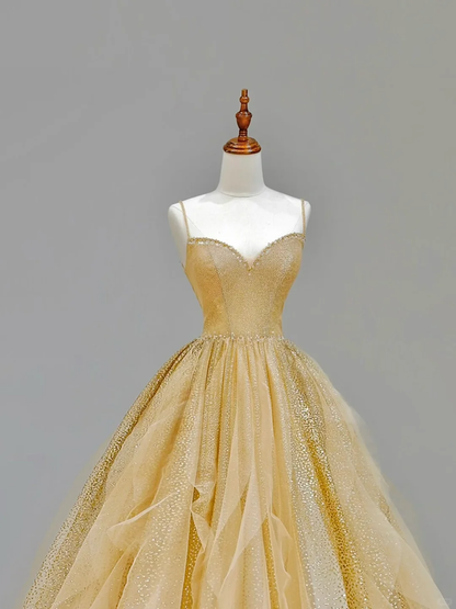 Elegant Glamour Ball Gown Spaghetti Straps Tulle Gold Long Prom Dress Party Dress Evening Dresses DP1538