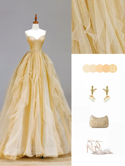 Elegant Glamour Ball Gown Spaghetti Straps Tulle Gold Long Prom Dress Party Dress Evening Dresses DP1538