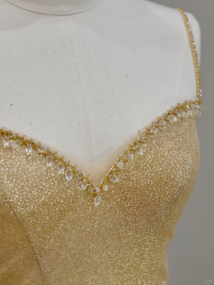 Elegant Glamour Ball Gown Spaghetti Straps Tulle Gold Long Prom Dress Party Dress Evening Dresses DP1538