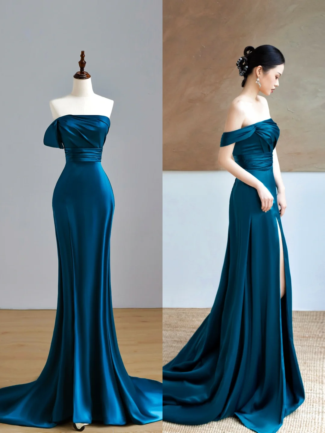 Elegant Glamour Mermaid Strapless Blue Satin Prom Dress Party Dress Long Evening Dresses DP1545