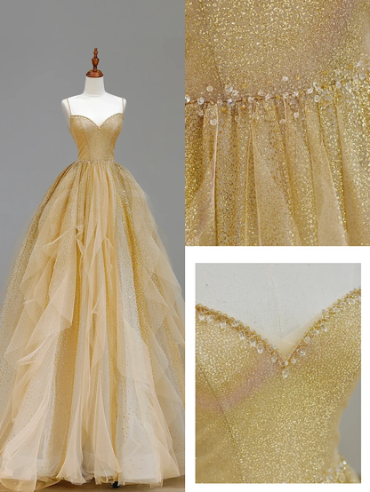 Elegant Glamour Ball Gown Spaghetti Straps Tulle Gold Long Prom Dress Party Dress Evening Dresses DP1550