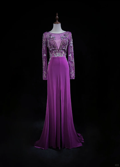 Elegant Glamour A Line Scoop Grape Chiffon Long Prom Dress Party Dress Evening Dresses DP1689
