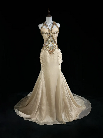 Vintage A Line Halter Chiffon Champagne Long Prom Dress Party Dress Evening Dresses DP1693