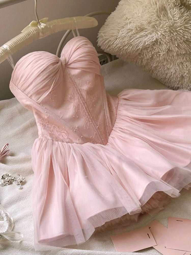 Pretty Ball Gown Sweetheart Pink Lace Short Summer Homecoming Dress Hoco Dress Birthday Outfit 21st Birthday Mini Party Dresses DH416