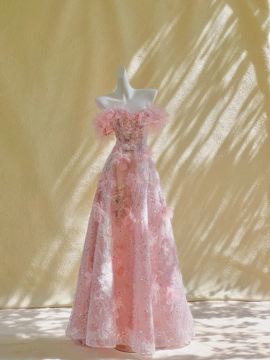 Beautiful A line Straps Sleeveless Pink Tulle Long Prom Dresses Evening Gowns Evening Dress DP1844
