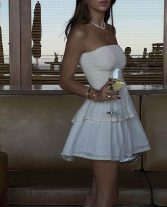 Cute Ball Gown Strapless White Summer Lace Homecoming Dress Hoco Dress Mini 18th Birthday Outfit Cocktail Dresses DP1867