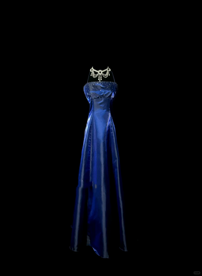 Retro A line Halter Royal Blue Satin Beaded 18th Birthday Dress Prom Dress Birthday Outfits For Women DP2069