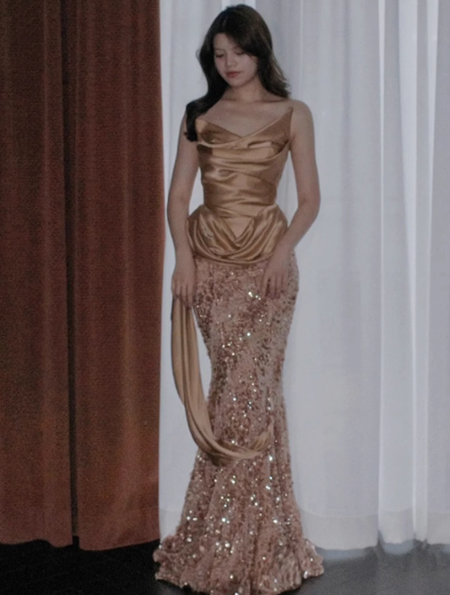 Elegant Mermaid Strapless Long Evening Gowns Champagne Sequin Satin Special Formal Dresses Prom Dresses DP2777