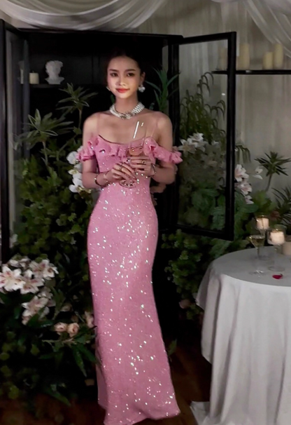 Elegant Sheath Spaghetti Strap Long Evening Gowns Pink Sequin Special Formal Dresses Prom Dresses DP2782
