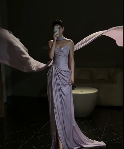 Elegant Sheath Sweetheart Neck Long Evening Gowns Purple Chiffon Special Formal Dresses Pleated Slits Prom Dresses DP2783
