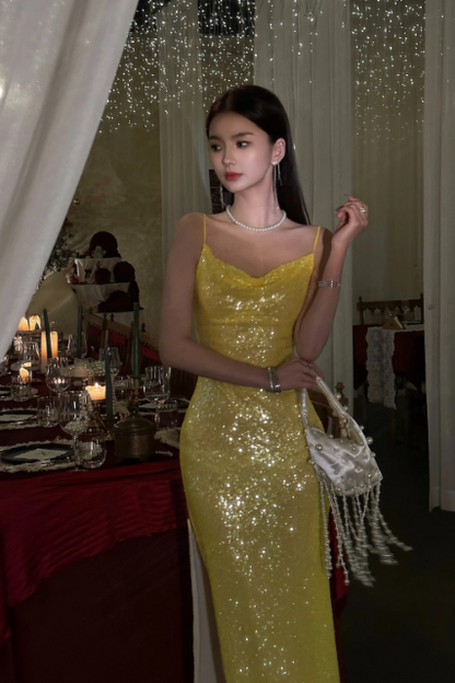 Elegant Sheath Spaghetti Strap Long Evening Gowns Yellow Sequins Special Formal Dresses Slit Prom Dresses DP2784