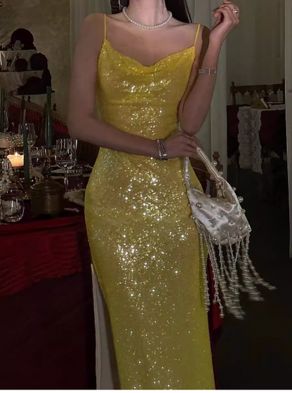 Elegant Sheath Spaghetti Strap Long Evening Gowns Yellow Sequins Special Formal Dresses Slit Prom Dresses DP2784