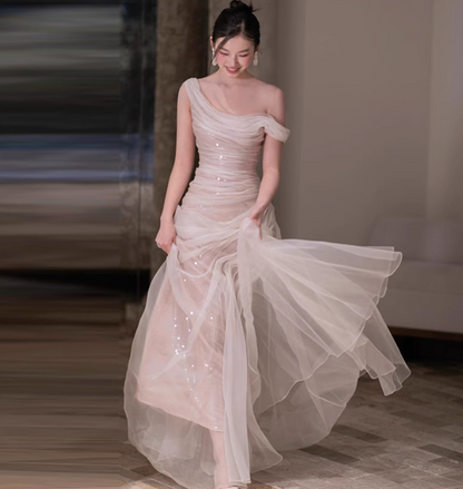 Elegant Sheath Off-the-shoulder Evening Gown Tulle Modest Formal Dress Long Prom Dresses DP2791
