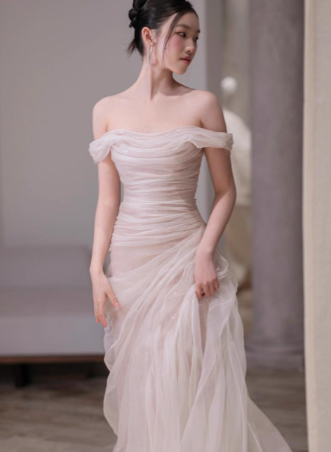 Elegant Sheath Off-the-shoulder Evening Gown Tulle Modest Formal Dress Long Prom Dresses DP2791