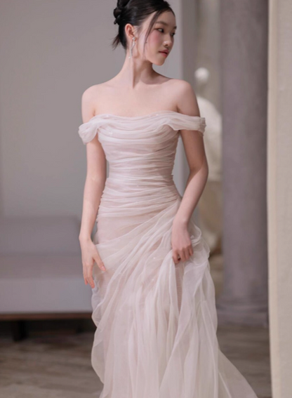 Elegant Sheath Off-the-shoulder Evening Gown Tulle Modest Formal Dress Long Prom Dresses DP2791