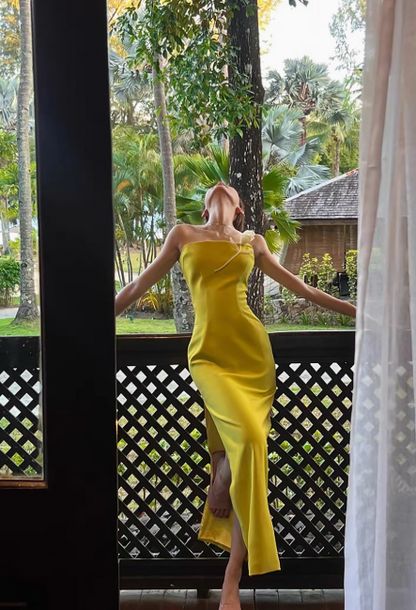 Stunning Sheath Strapless Evening Gown Satin Green Modest Formal Dress  Party Dress DP2794