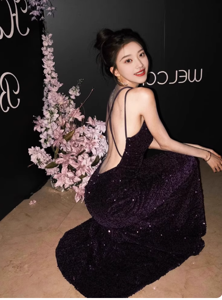 Stunning Mermaid Spaghetti Strap Evening Gown Dark Purple Open Back Formal Dress Sequins Long Prom Dress DP2795