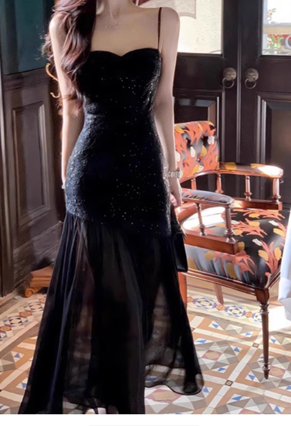 Stunning Mermaid Spaghetti Strap Long Evening Gown Black Chiffon Formal Dress Elegant Birthday Prom Dress DP2805