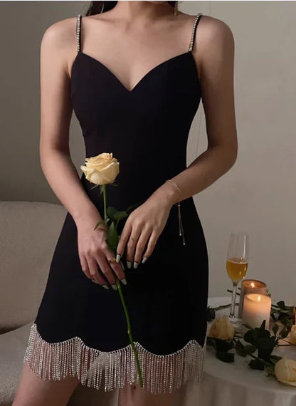 Vintage Black Sweetheart Tassel Spaghetti Strap Sheath Short Party Dress Cocktail Dress Homecoming Dress HZ1024