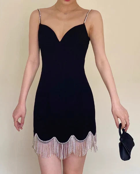 Vintage Black Sweetheart Tassel Spaghetti Strap Sheath Short Party Dress Cocktail Dress Homecoming Dress HZ1024