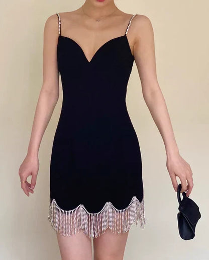 Vintage Black Sweetheart Tassel Spaghetti Strap Sheath Short Party Dress Cocktail Dress Homecoming Dress HZ1024