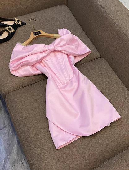 Vintage Pink Bow Design A-Line Short Party Dress Cocktail Dress Homecoming Dress HZ1024