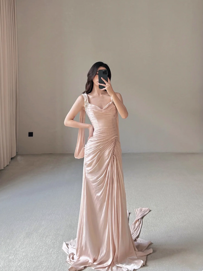 Stunning Blush Pink Sheath Formal Evening Dress Satin Strap Birthday Dress Elegant Graduation Dress DP2835