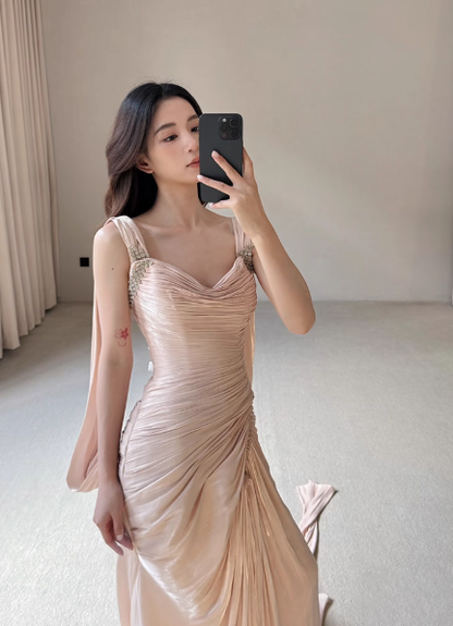 Stunning Blush Pink Sheath Formal Evening Dress Satin Strap Birthday Dress Elegant Graduation Dress DP2835