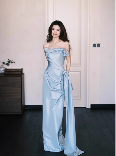Elegant Blue Sheath Formal Evening Dress Satin Strap Birthday Dress Stunning Graduation Dress DP2836