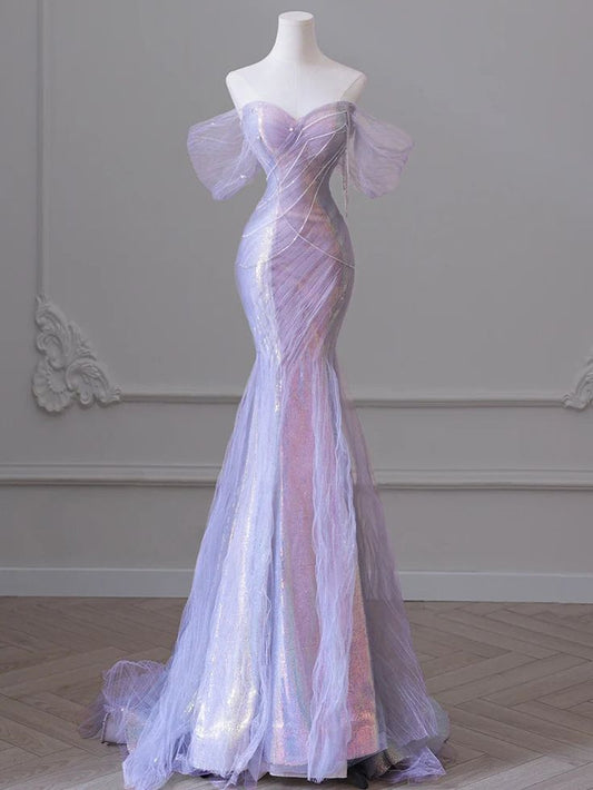 Sexy Purple Laser Sequin Beaded Mermaid Women Evening Dress with Puff Sleeves Tassel Pearls Tulle Train Prom Gown Formal Dress DP283