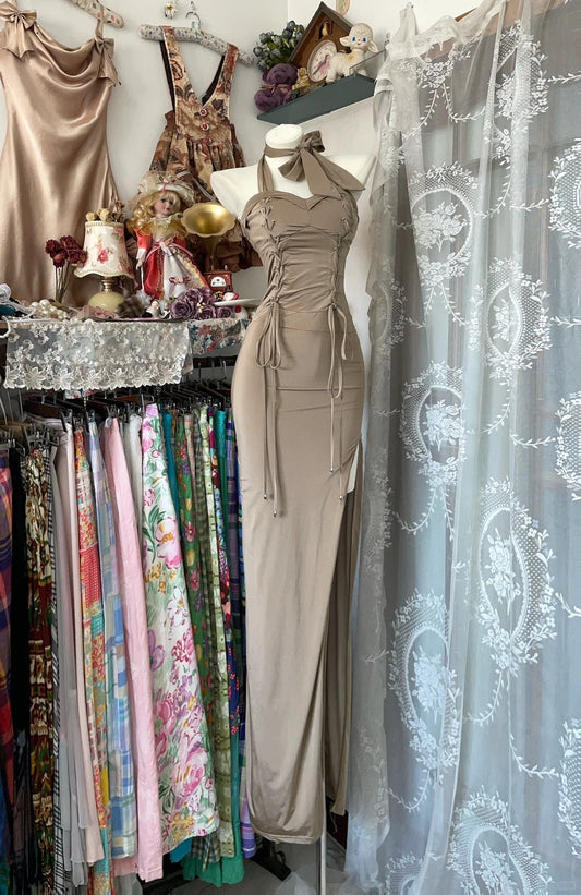 Elegant Sheath Long Evening Dress Satin Modest Birthday Party Dress Champagne Slit Formal Dress DP2852