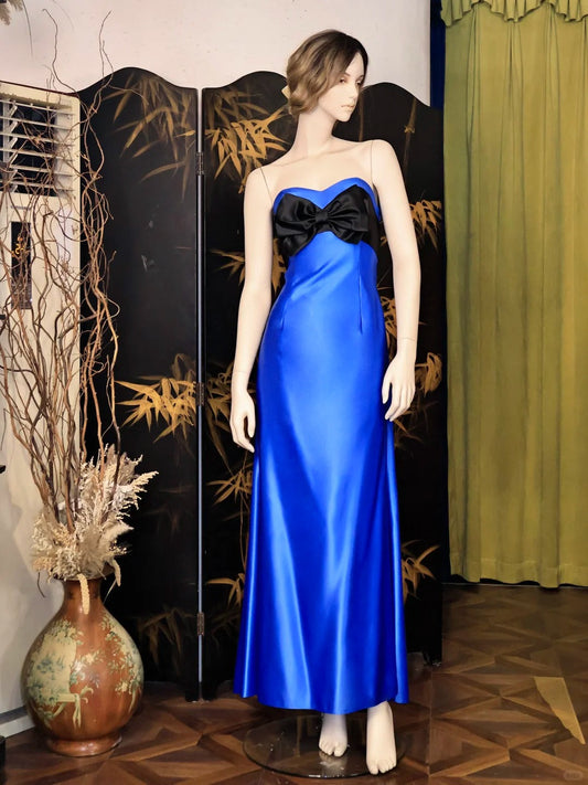 Elegant Sheath Long Evening Dress Satin Modest Birthday Party Dress Strapless Royal Blue Formal Dress DP2853