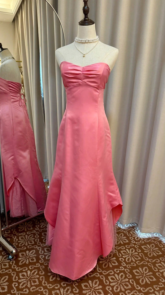 Elegant Empire Dress Long Evening Dress Satin Modest Birthday Party Dress Strapless Hot Pink Formal Dress DP2854