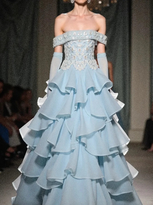 Fairy Strapless A-line Blue Tulle Applique Long Evening Dress Sweet 16 Dress DP2900
