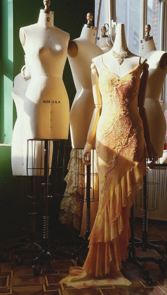 Vintage Spaghetti Strap Sheath Chiffon Beaded Long Yellow Evening Dress Sweet 16 Dress DP2902
