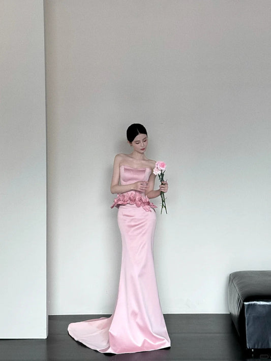 Elegant Strapless Mermaid Satin Long Pink Evening Dress Sweet Birthday Party Dress DP2904