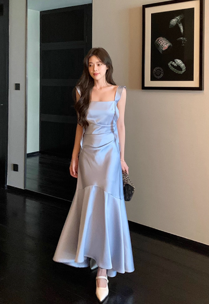 Elegant Spaghetti Strap Mermaid Satin Long Formal Evening Dress Cute Graduation Dress DP2906