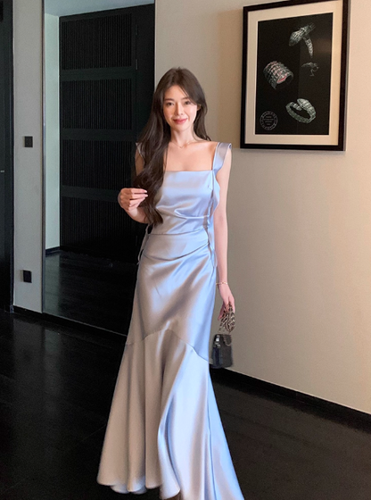 Elegant Spaghetti Strap Mermaid Satin Long Formal Evening Dress Cute Graduation Dress DP2906