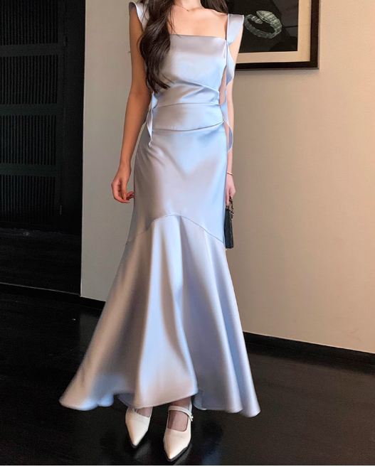 Elegant Spaghetti Strap Mermaid Satin Long Formal Evening Dress Cute Graduation Dress DP2906