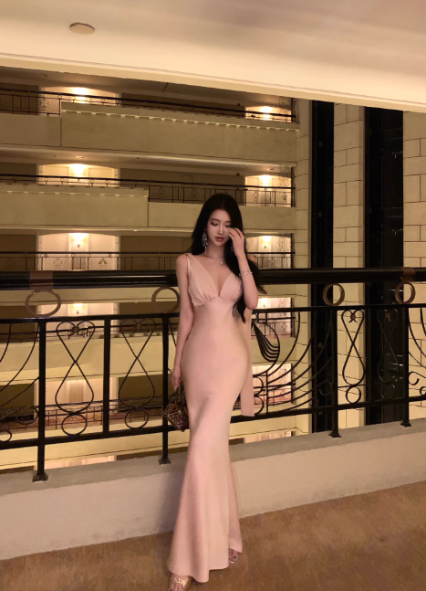 Elegant V-neck Mermaid Satin Long Formal Evening Dress Sexy Pink Graduation Dress DP2907