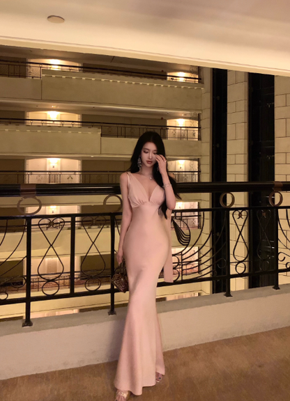 Elegant V-neck Mermaid Satin Long Formal Evening Dress Sexy Pink Graduation Dress DP2907