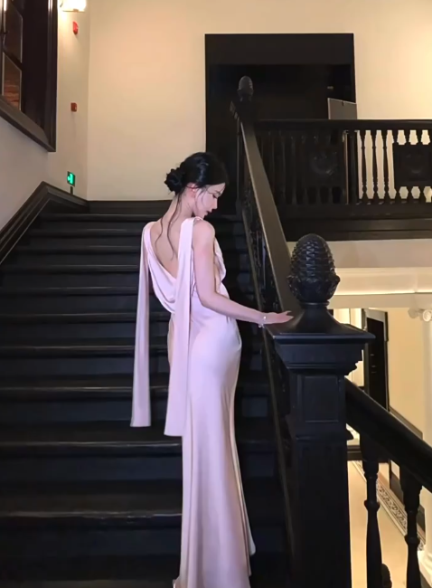 Elegant V-neck Mermaid Satin Long Formal Evening Dress Sexy Pink Graduation Dress DP2907
