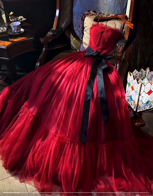 Elegant Strapless A-Line Tulle Long Formal Evening Dress Burgundy Sweet 16 Dress DP2908