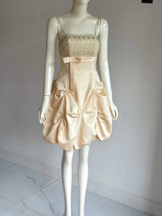 Retro A-Line Spaghetti Strap Short Homecoming Dress Satin Beaded Birthday Dress Formal Dress DP2909