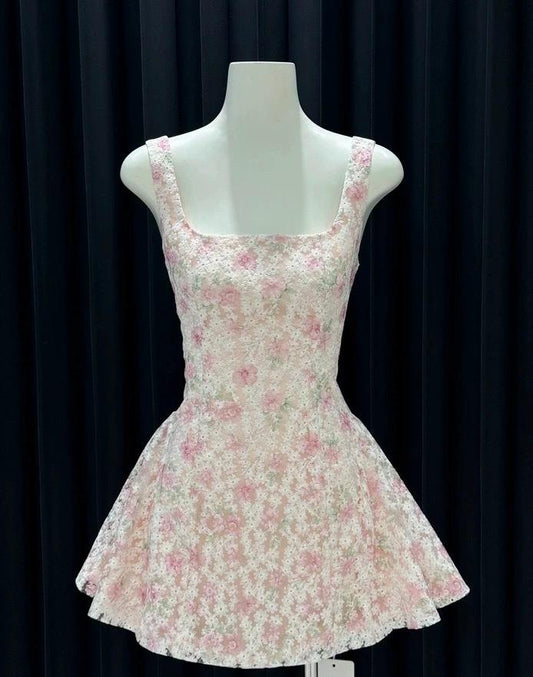 Sweet Pink A-Line Square Neck Short Homecoming Dress Floral Birthday Dress Formal Dress DP2911