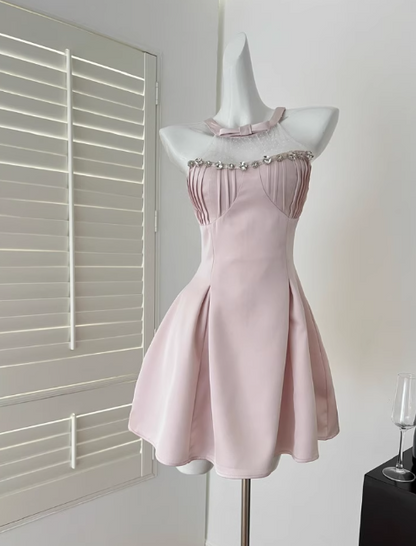 Sweet Pink A-Line Jewel Short Homecoming Dress Satin Birthday Dress Formal Dress DP2913